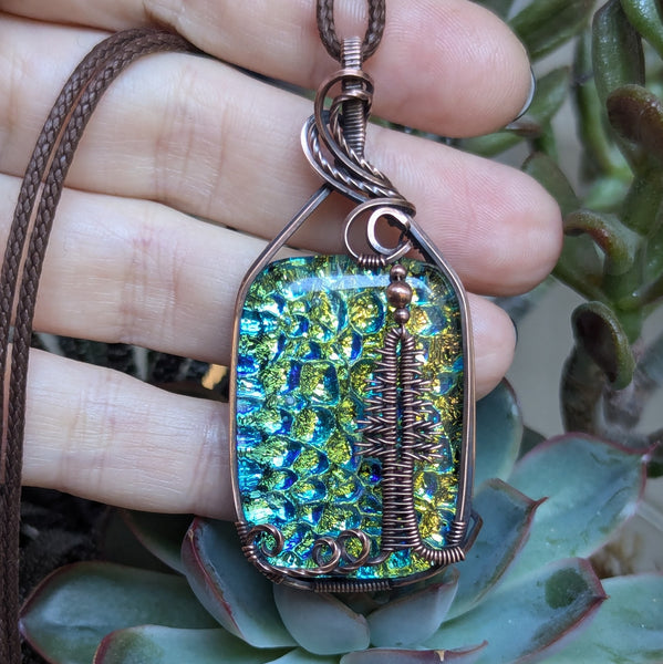 Dichroic Glass Pine Tree Wire Wrapped Pendant in Oxidized Copper