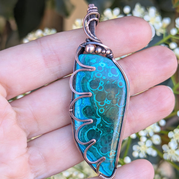 Malachite Wire Wrapped Pendant in Oxidized Copper