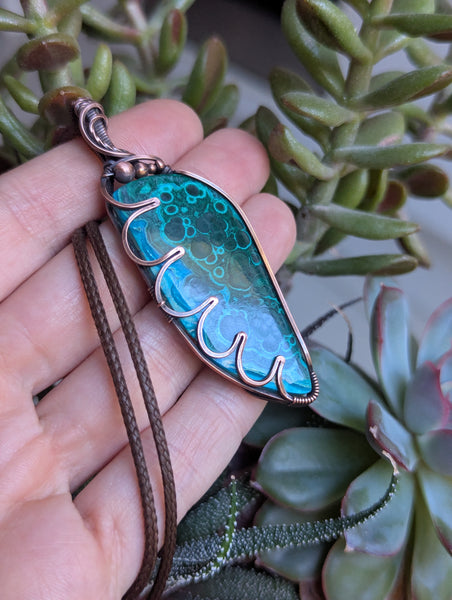 Malachite Wire Wrapped Pendant in Oxidized Copper