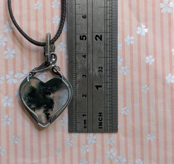 Moss Agate Heart Wire Wrapped Sterling Silver Pendant