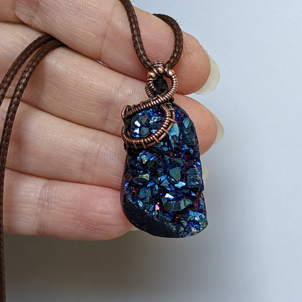 Titanium Coated Agate Druzy Crystal Cluster in Oxidized Copper