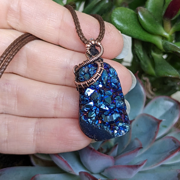 Titanium Coated Agate Druzy Crystal Cluster in Oxidized Copper