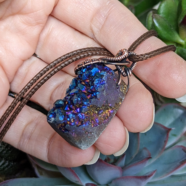 Titanium Coated Agate Druzy Crystal Cluster in Oxidized Copper