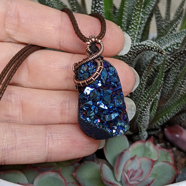 Titanium Coated Agate Druzy Crystal Cluster in Oxidized Copper