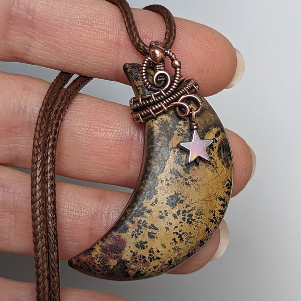 Chohua Jasper Crescent Moon with Dangle Star Oxidized Copper Pendant