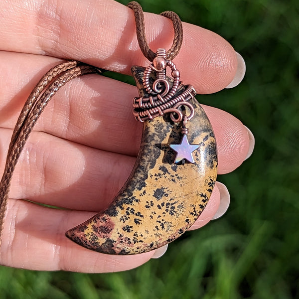 Chohua Jasper Crescent Moon with Dangle Star Oxidized Copper Pendant