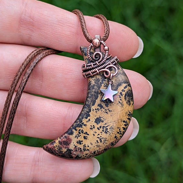 Chohua Jasper Crescent Moon with Dangle Star Oxidized Copper Pendant