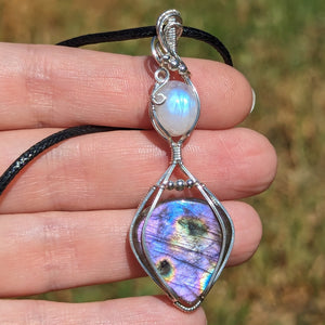 Purple Labradorite & Rainbow Moonstone Wire Wrapped Pendant in Sterling Silver