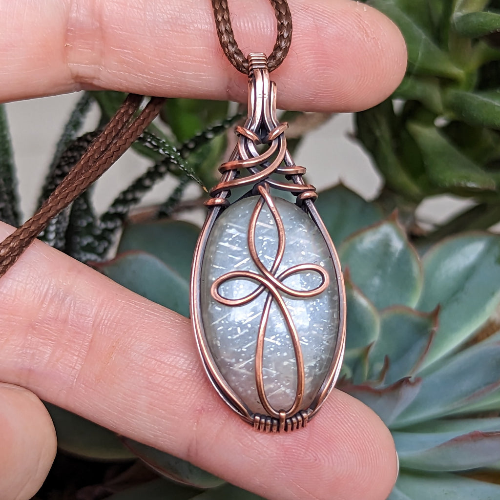 Wire Wrapped Copper Cross Pendant with Moonstone