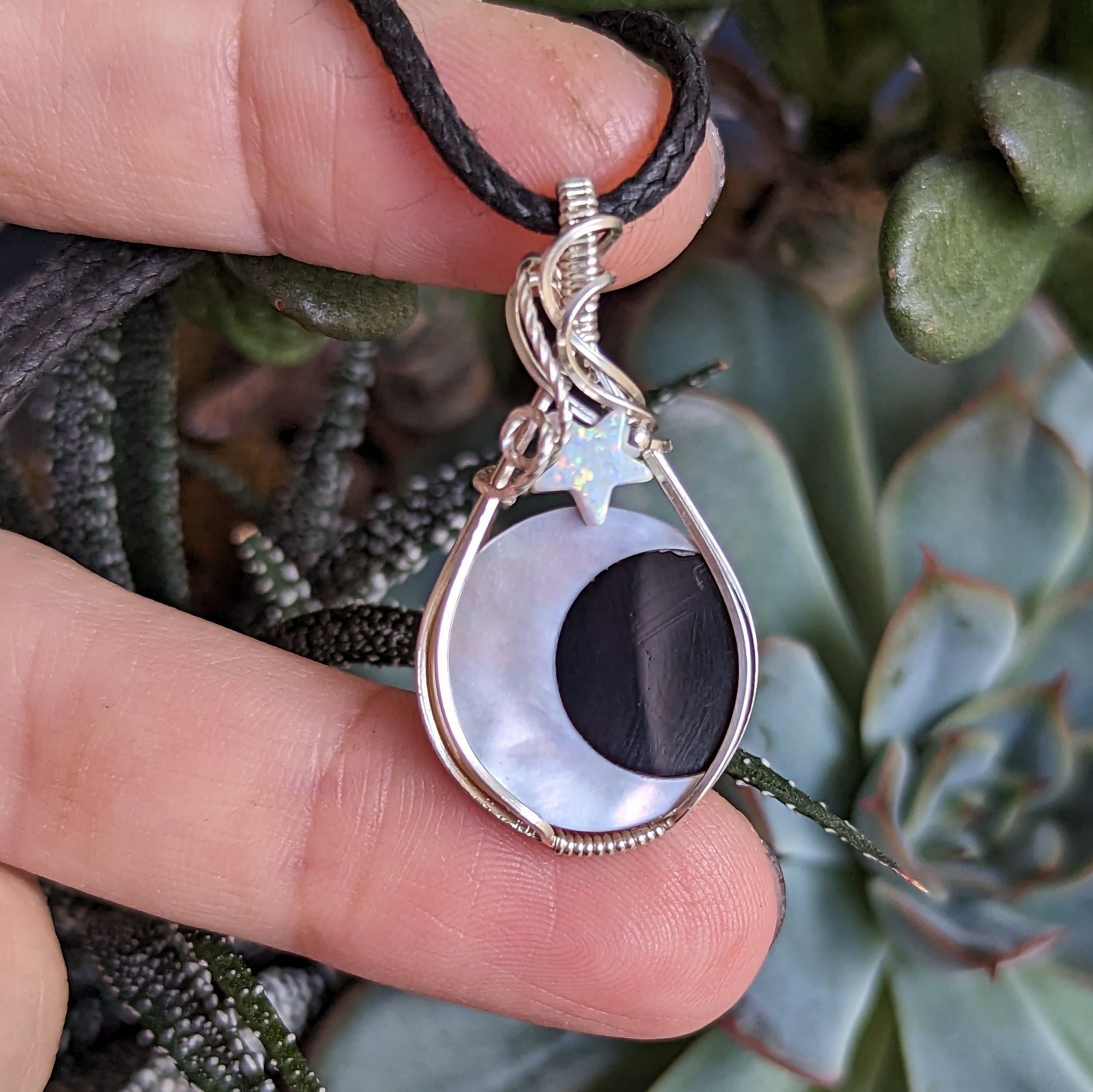 Crescent Moon & Star Wire Wrapped Pendant in Sterling Silver