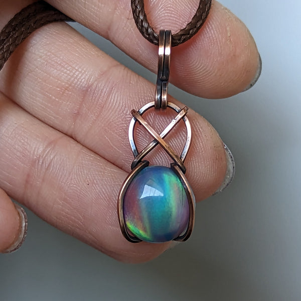 Aurora Opal Wire Wrapped Oxidized Copper Pendant