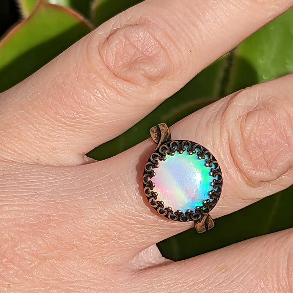 Aurora Opal Adjustable Ring in Oxidized Brass