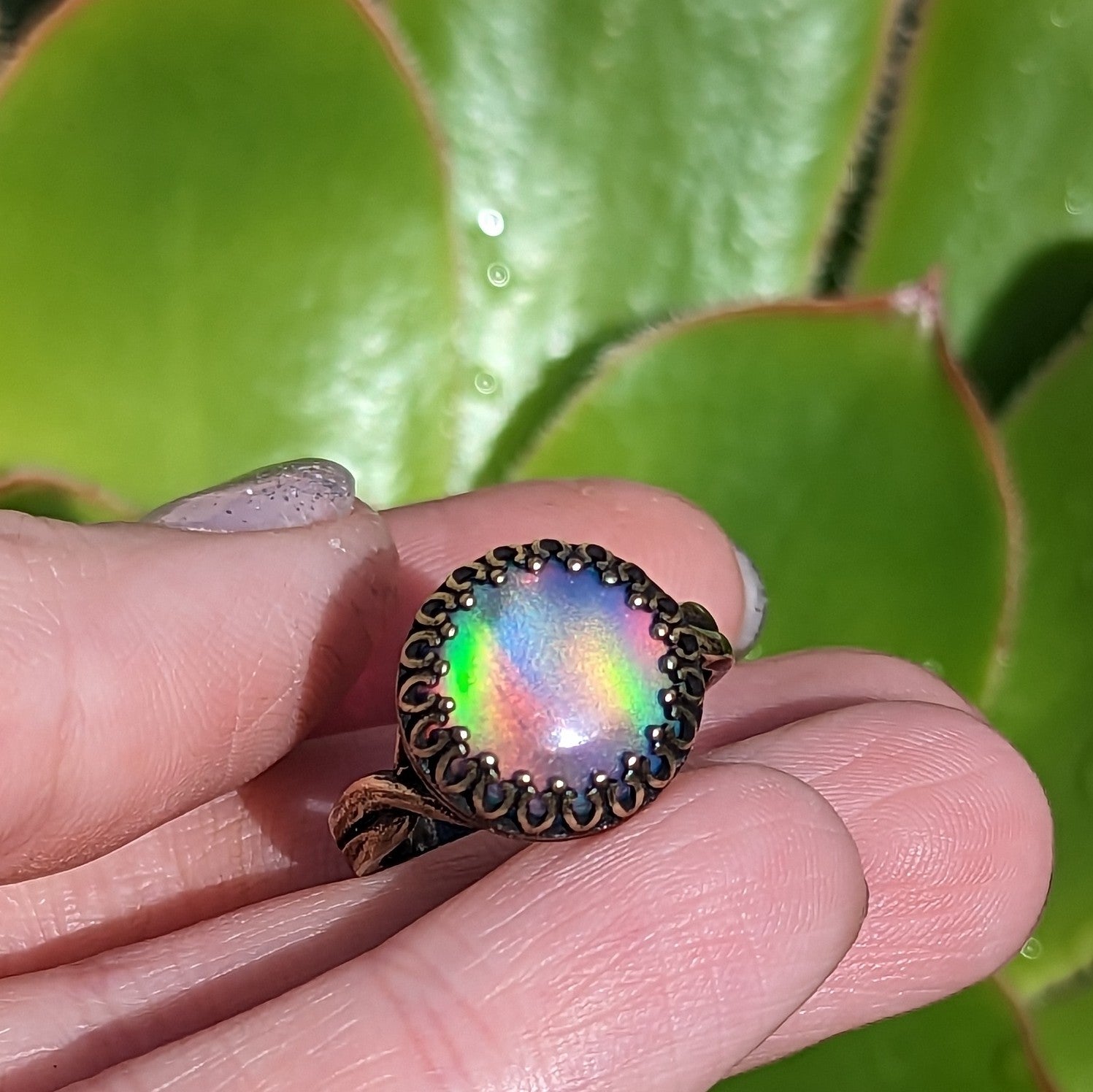 Aurora Opal Adjustable Ring in Oxidized Brass