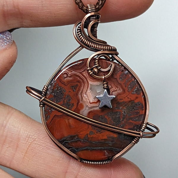 Crazy Lace Planet Wire Wrapped Oxidized Copper Pendant
