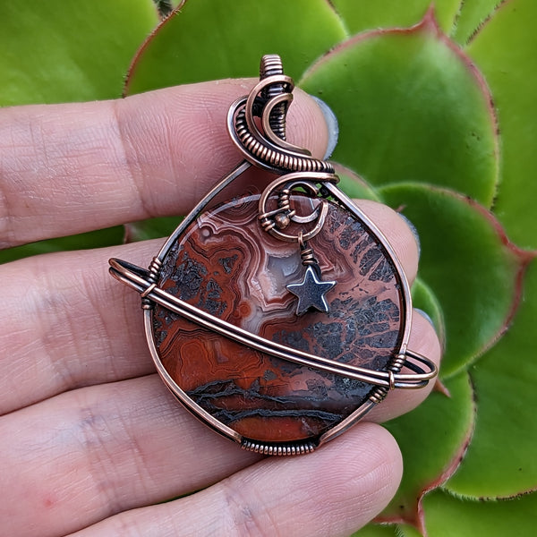 Crazy Lace Planet Wire Wrapped Oxidized Copper Pendant