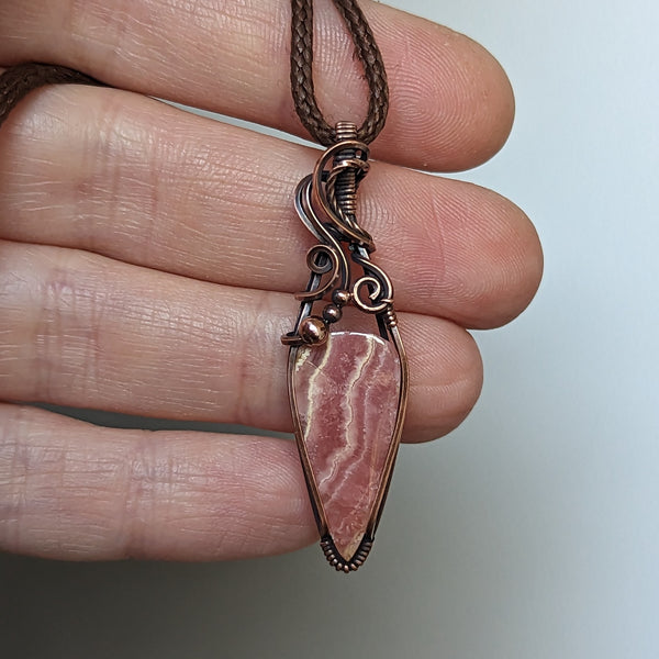 Rhodochrosite Wire Wrapped Oxidized Copper Pendant