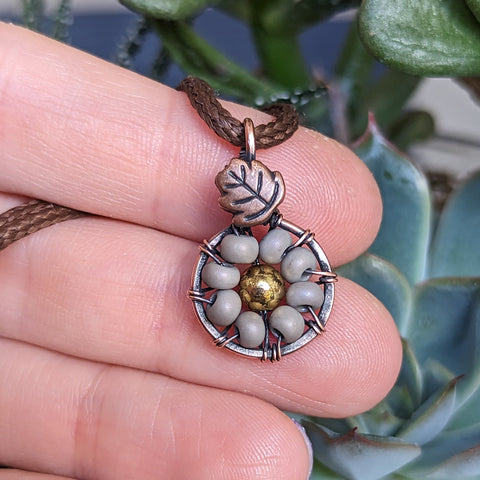 Beaded Flower Mini Wire Wrapped Oxidized Copper Pendant