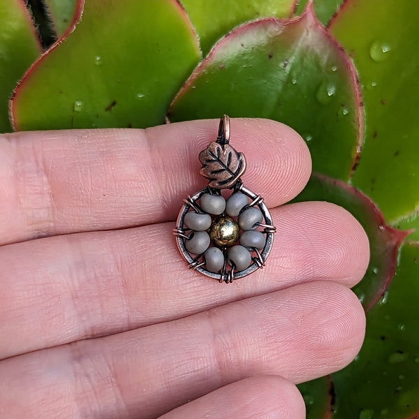 Beaded Flower Mini Wire Wrapped Oxidized Copper Pendant