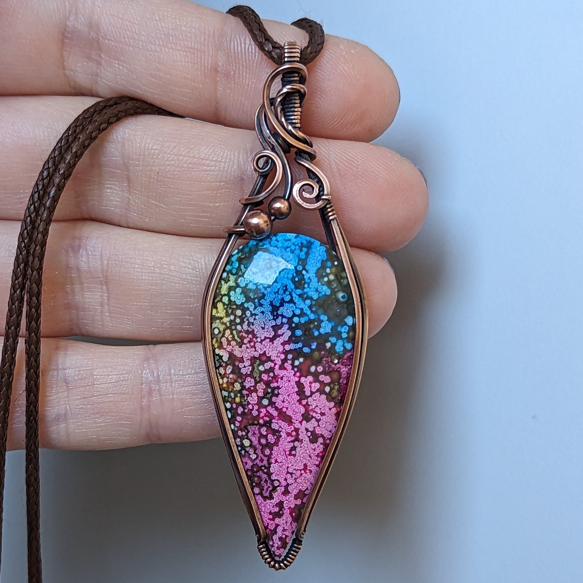 Dyed Agate Wire Wrapped Oxidized Copper Pendant