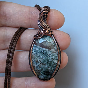 Moss Agate Wire Wrapped Oxidized Copper Pendant