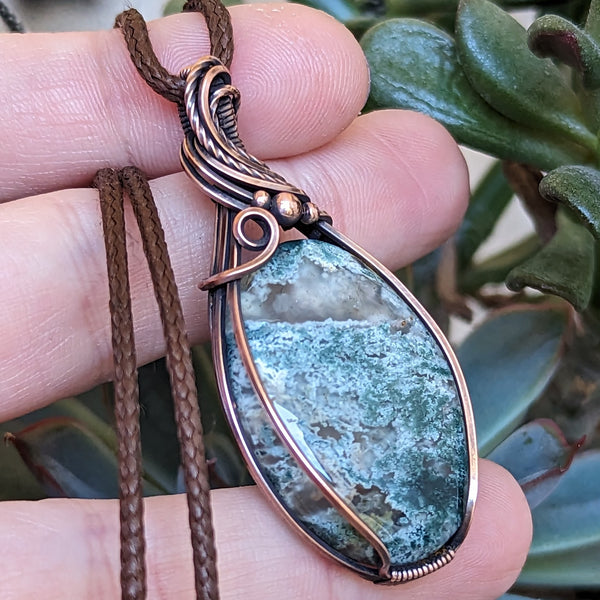 Moss Agate Wire Wrapped Oxidized Copper Pendant