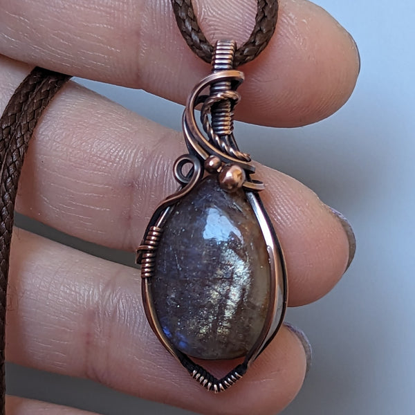 Sunstone/Moonstone Wire Wrapped Oxidized Copper Pendant