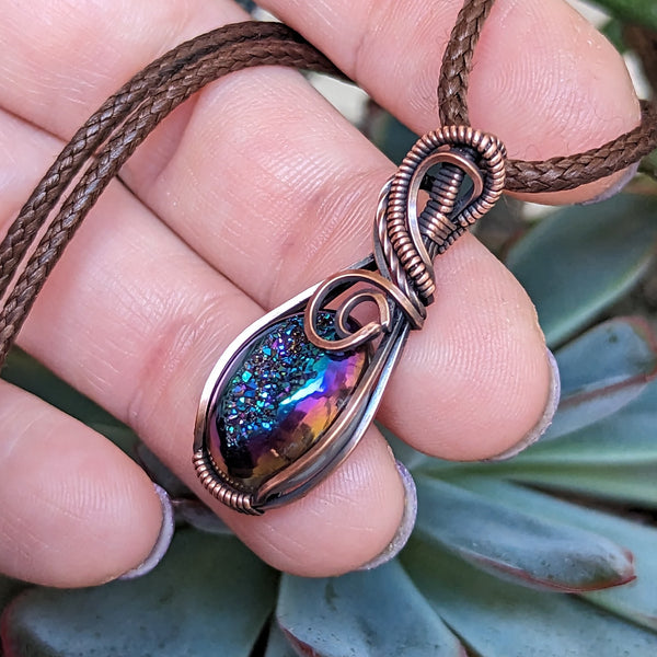 Titanium Aura Druzy Wire Wrapped Oxidized Copper Pendant