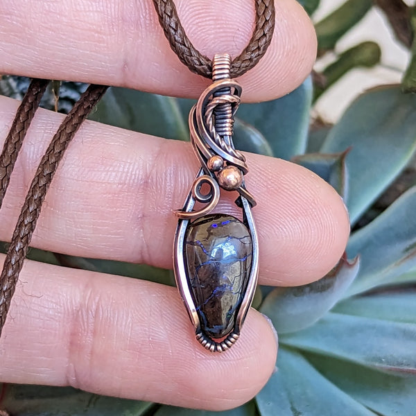 Australian Boulder Opal Wire Wrapped Oxidized Copper Pendant