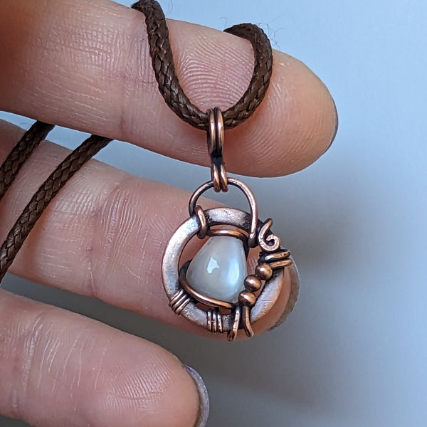 Silky White Moonstone Wire Wrapped Oxidized Copper Mini Pendant