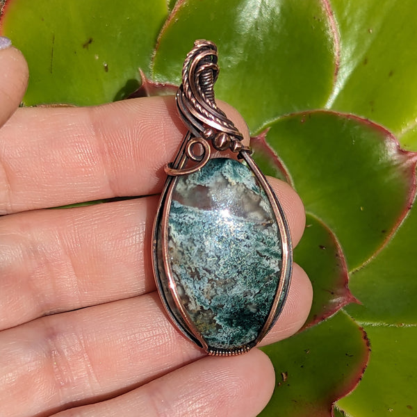 Moss Agate Wire Wrapped Oxidized Copper Pendant