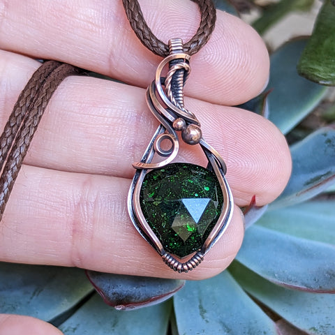 Faceted Green Goldstone doublet Wire Wrapped Oxidized Copper Pendant