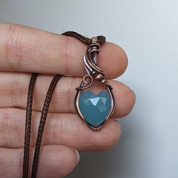 Faceted Chalcedony Heart Wire Wrapped Oxidized Copper Pendant