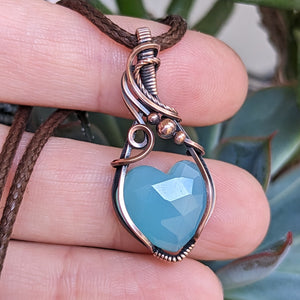 Faceted Chalcedony Heart Wire Wrapped Oxidized Copper Pendant