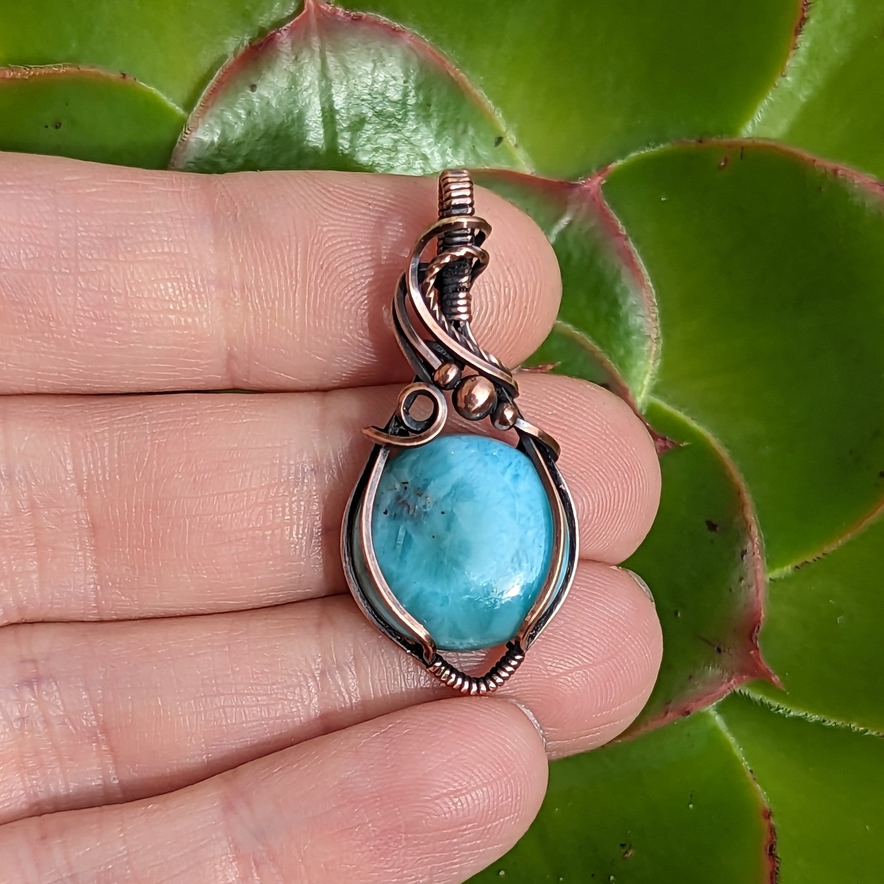 Larimar Wire Wrapped Oxidized Copper Pendant
