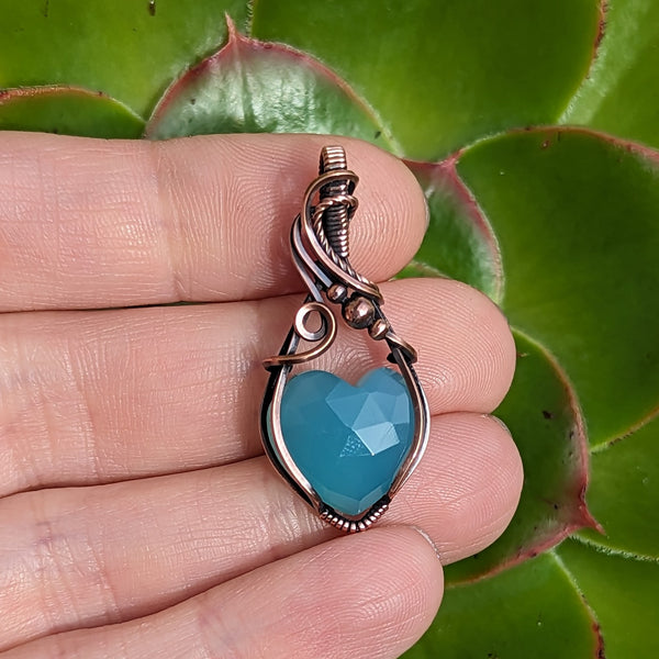 Faceted Chalcedony Heart Wire Wrapped Oxidized Copper Pendant