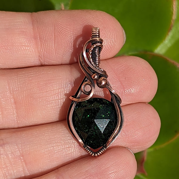Faceted Green Goldstone doublet Wire Wrapped Oxidized Copper Pendant