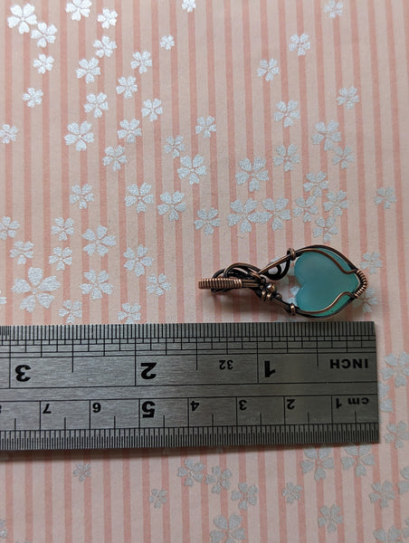 Faceted Chalcedony Heart Wire Wrapped Oxidized Copper Pendant
