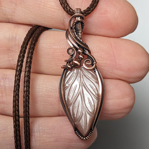 Carved Peach Moonstone Leaf Pendant in Oxidized Copper