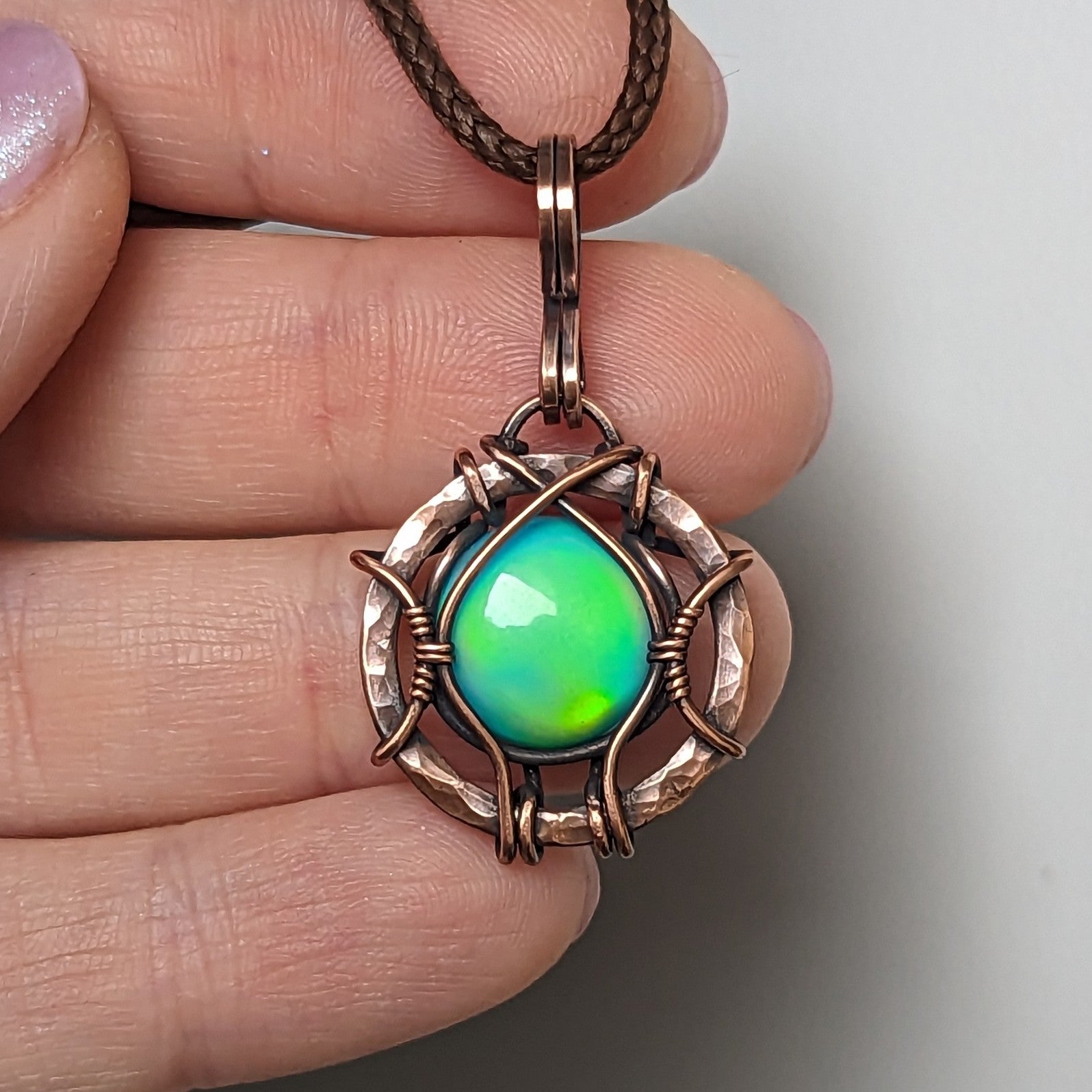 Aurora Opal Wire Wrapped Oxidized Copper Pendant