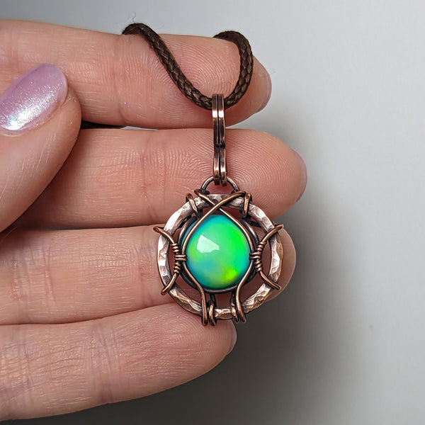 Aurora Opal Wire Wrapped Oxidized Copper Pendant