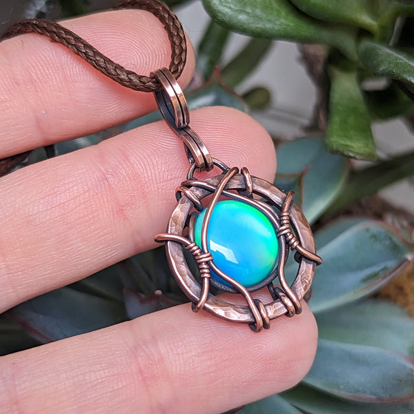 Aurora Opal Wire Wrapped Oxidized Copper Pendant