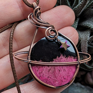 Dyed Fossilized Palm Root Planet Wire Wrapped Oxidized Copper Pendant