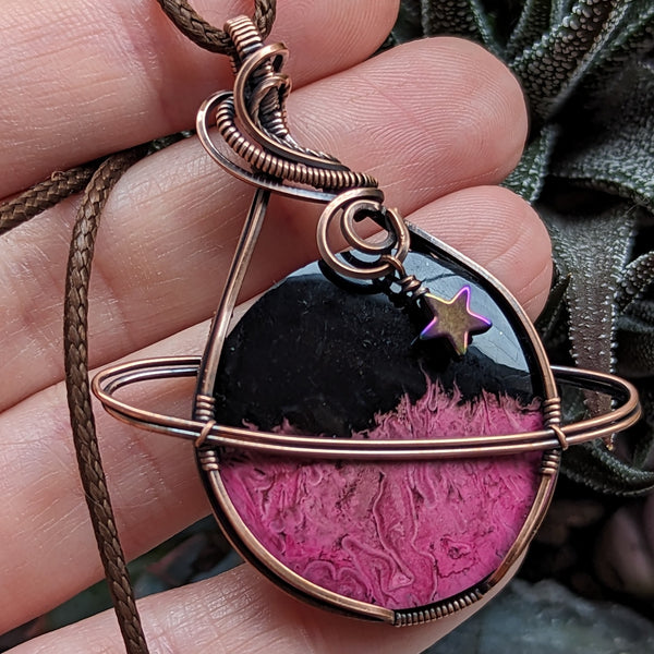 Dyed Fossilized Palm Root Planet Wire Wrapped Oxidized Copper Pendant