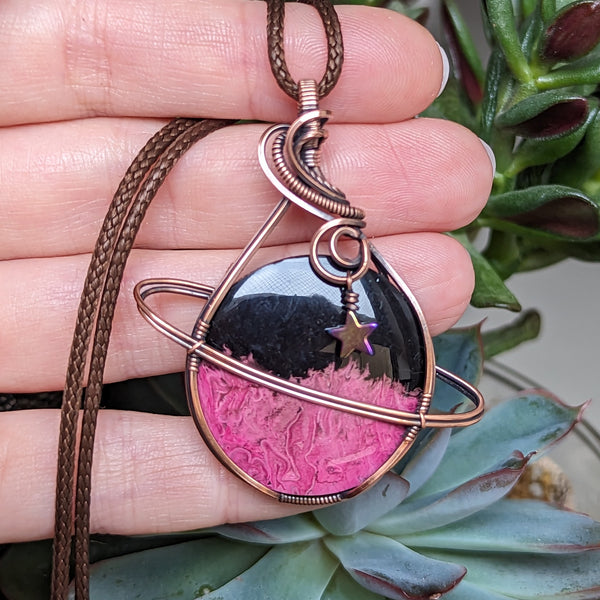 Dyed Fossilized Palm Root Planet Wire Wrapped Oxidized Copper Pendant