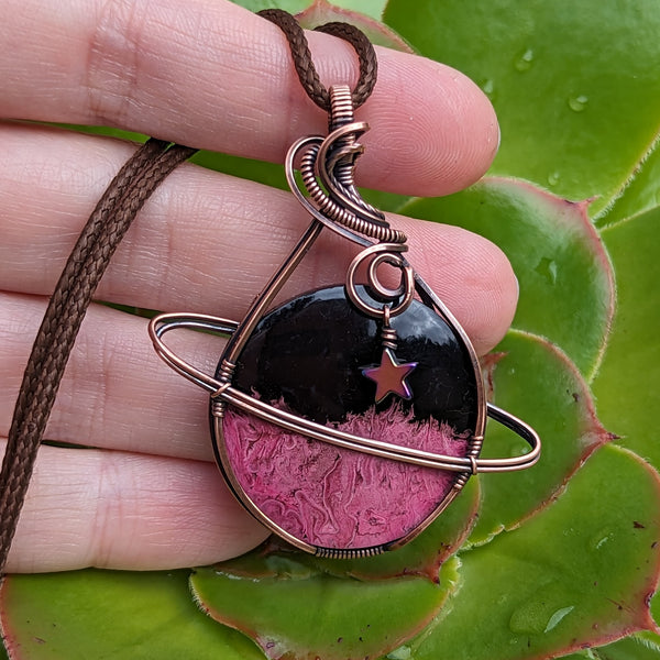Dyed Fossilized Palm Root Planet Wire Wrapped Oxidized Copper Pendant