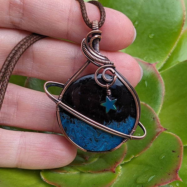 Dyed Fossilized Palm Root Planet Wire Wrapped Oxidized Copper Pendant