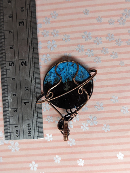 Dyed Fossilized Palm Root Planet Wire Wrapped Oxidized Copper Pendant