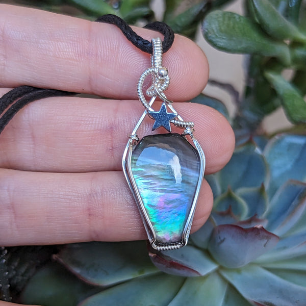 Mother of Pearl Coffin Doublet Wire Wrapped Pendant in Sterling Silver