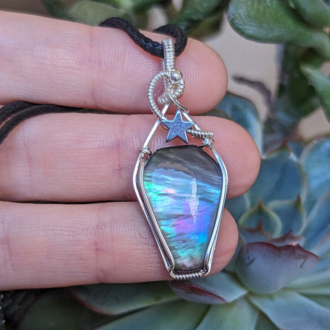 Mother of Pearl Coffin Doublet Wire Wrapped Pendant in Sterling Silver