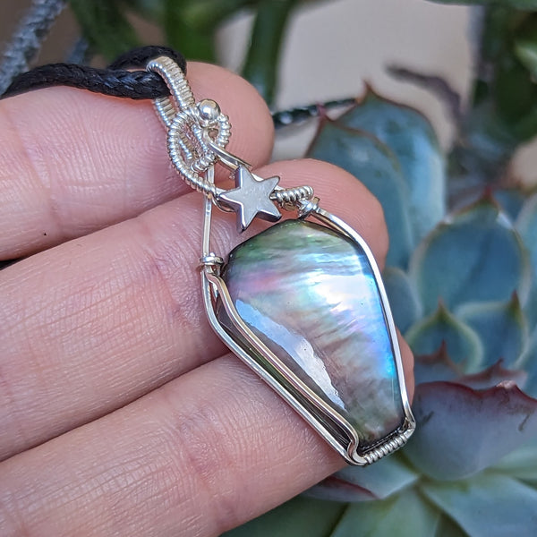 Mother of Pearl Coffin Doublet Wire Wrapped Pendant in Sterling Silver